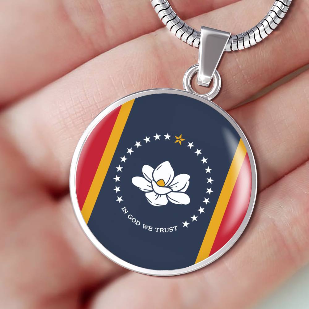 New Mississippi Magnolia Flag Circle Necklace Stainless Steel or 18k Gold 18-22"-Express Your Love Gifts