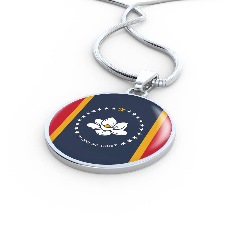 New Mississippi Magnolia Flag Circle Necklace Stainless Steel or 18k Gold 18-22"-Express Your Love Gifts