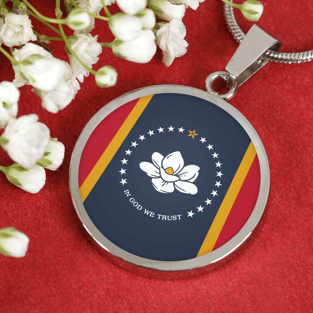 New Mississippi Magnolia Flag Circle Necklace Stainless Steel or 18k Gold 18-22"-Express Your Love Gifts
