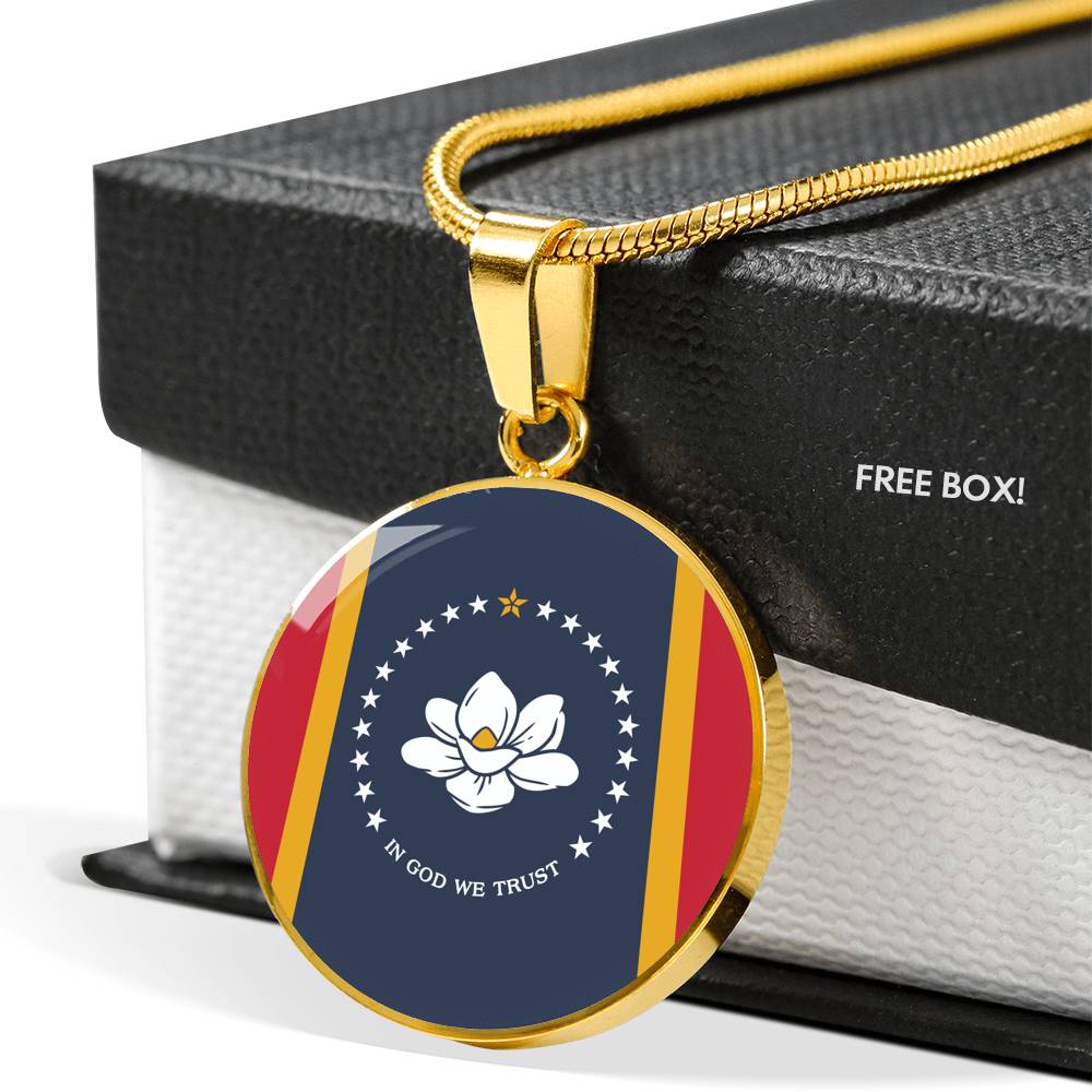 New Mississippi Magnolia Flag Circle Necklace Stainless Steel or 18k Gold 18-22"-Express Your Love Gifts