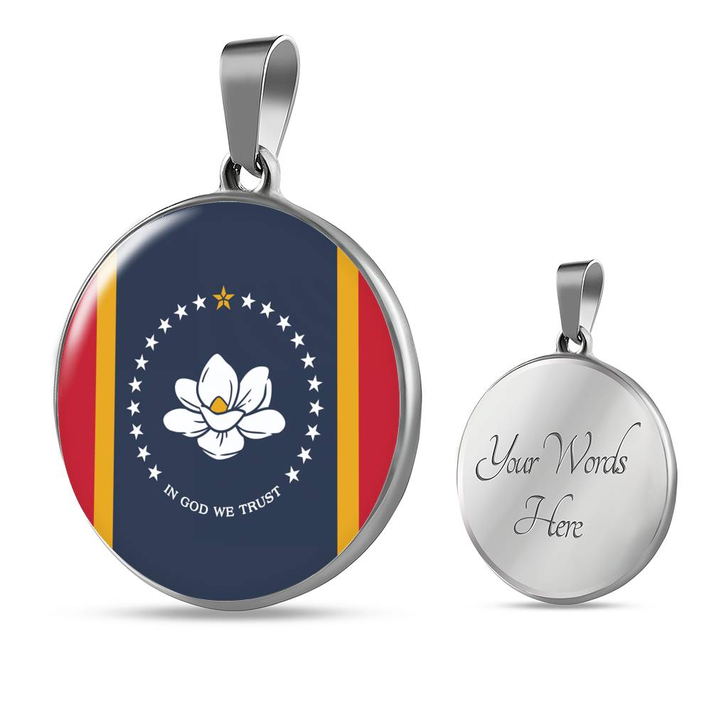 New Mississippi Magnolia Flag Circle Necklace Stainless Steel or 18k Gold 18-22"-Express Your Love Gifts