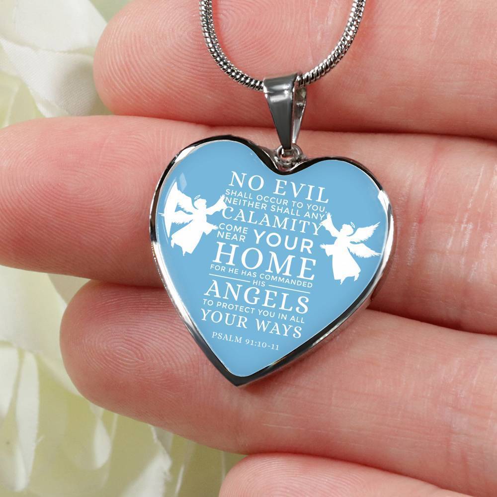 No Evil Psalm 91:1011 Bible Quote Heart Pendant Necklace Stainless Steel or 18k Gold 18-22" - Express Your Love Gifts