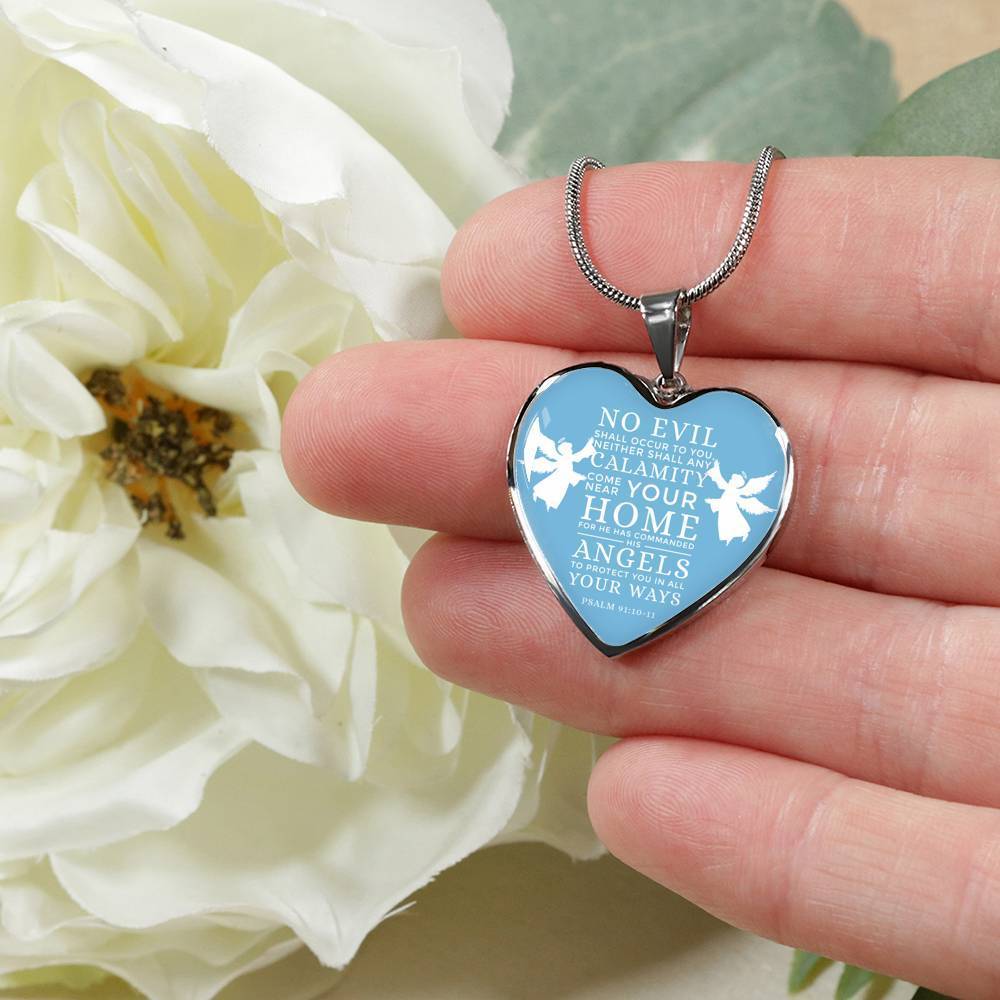 No Evil Psalm 91:1011 Bible Quote Heart Pendant Necklace Stainless Steel or 18k Gold 18-22" - Express Your Love Gifts