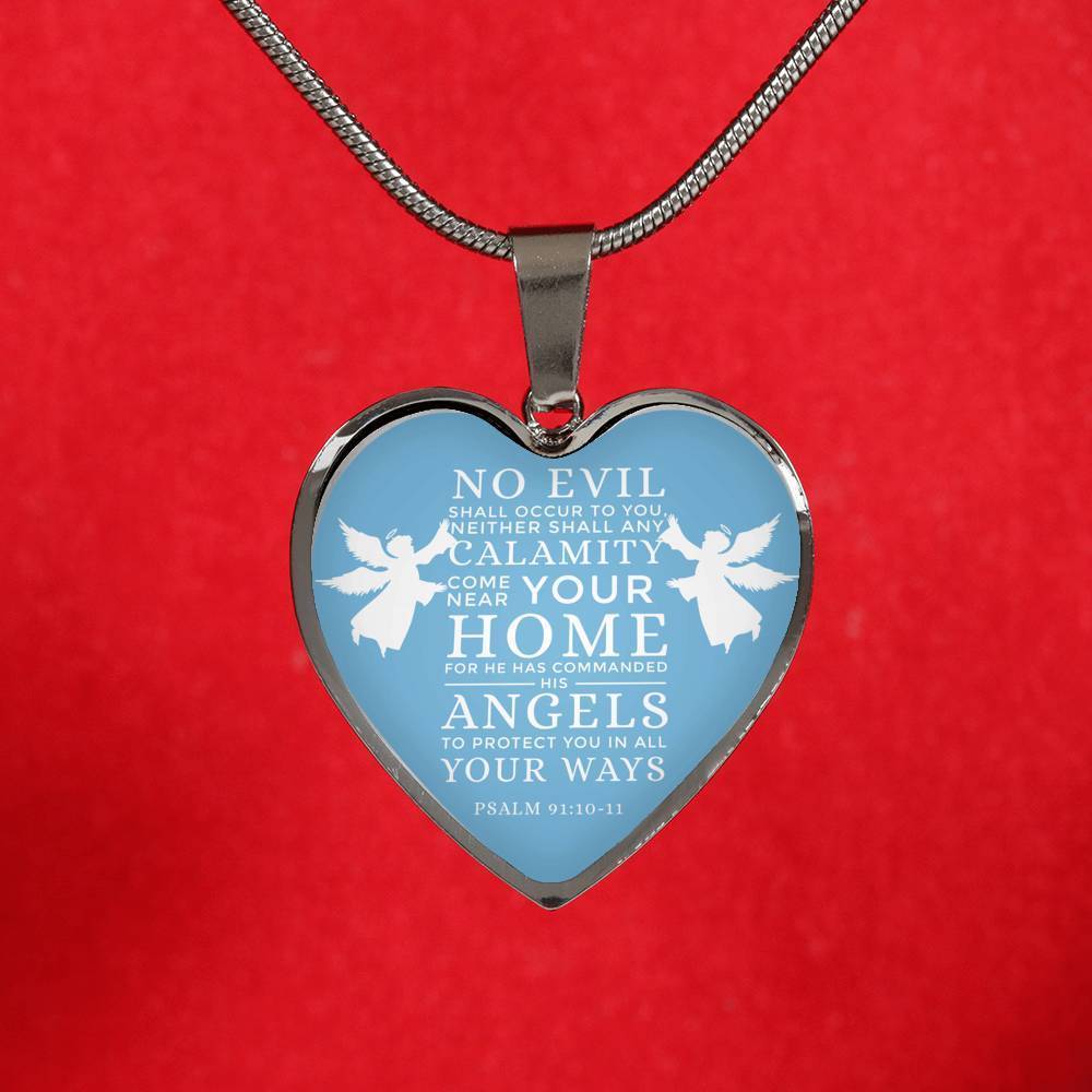 No Evil Psalm 91:1011 Bible Quote Heart Pendant Necklace Stainless Steel or 18k Gold 18-22" - Express Your Love Gifts