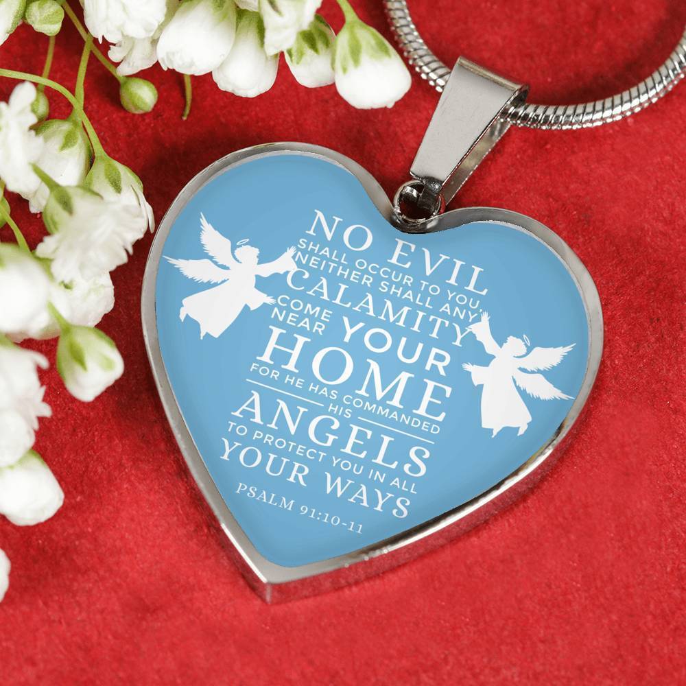 No Evil Psalm 91:1011 Bible Quote Heart Pendant Necklace Stainless Steel or 18k Gold 18-22" - Express Your Love Gifts