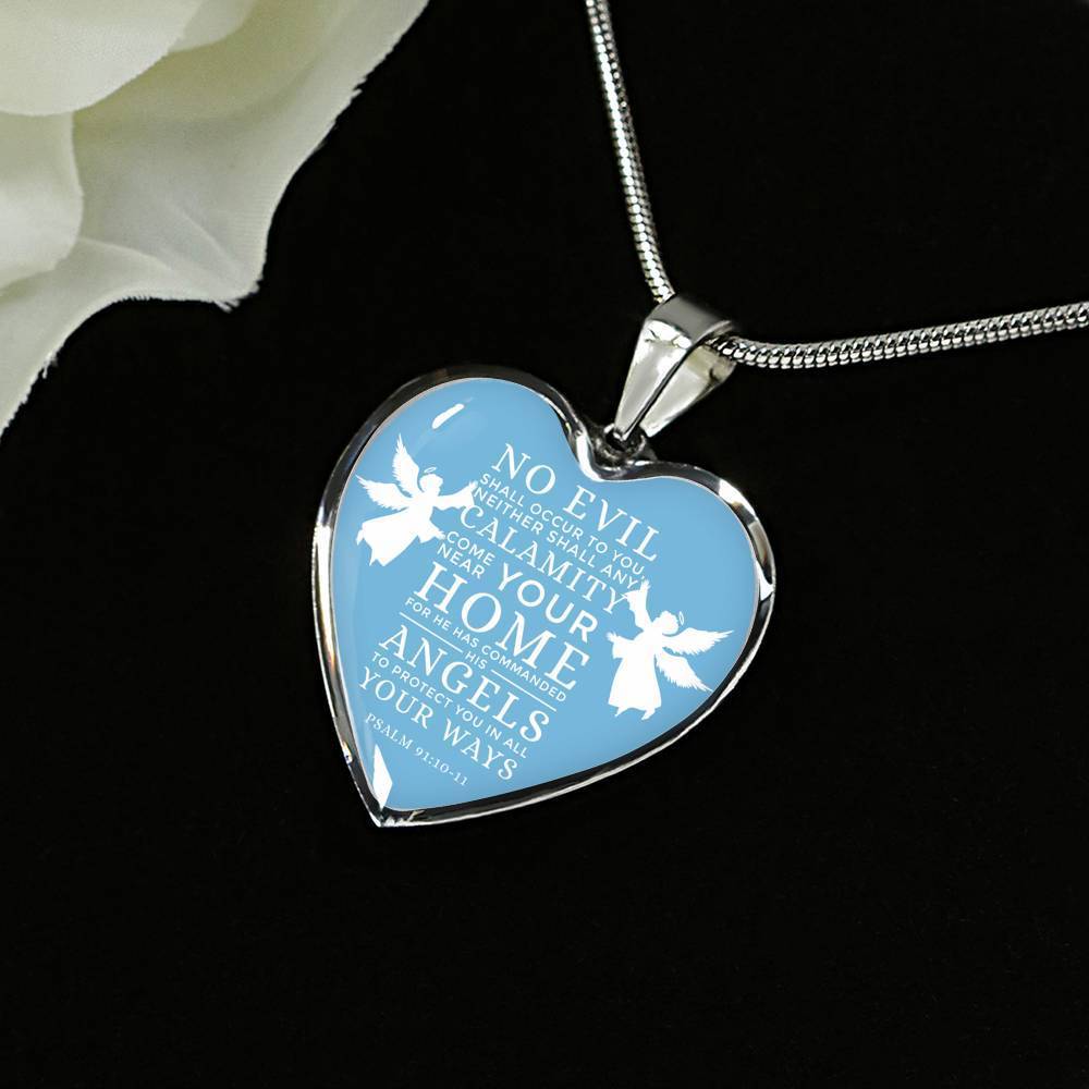 No Evil Psalm 91:1011 Bible Quote Heart Pendant Necklace Stainless Steel or 18k Gold 18-22" - Express Your Love Gifts