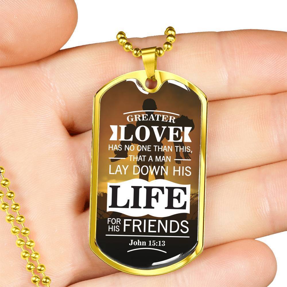 No Greater John 15:13 Soldier Necklace Stainless Steel or 18k Gold Dog Tag 24"-Express Your Love Gifts