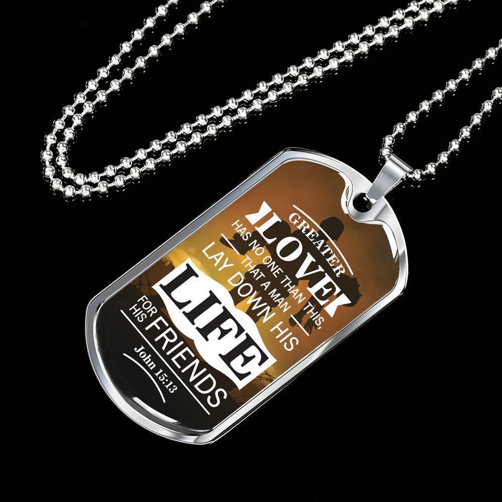 No Greater John 15:13 Soldier Necklace Stainless Steel or 18k Gold Dog Tag 24"-Express Your Love Gifts