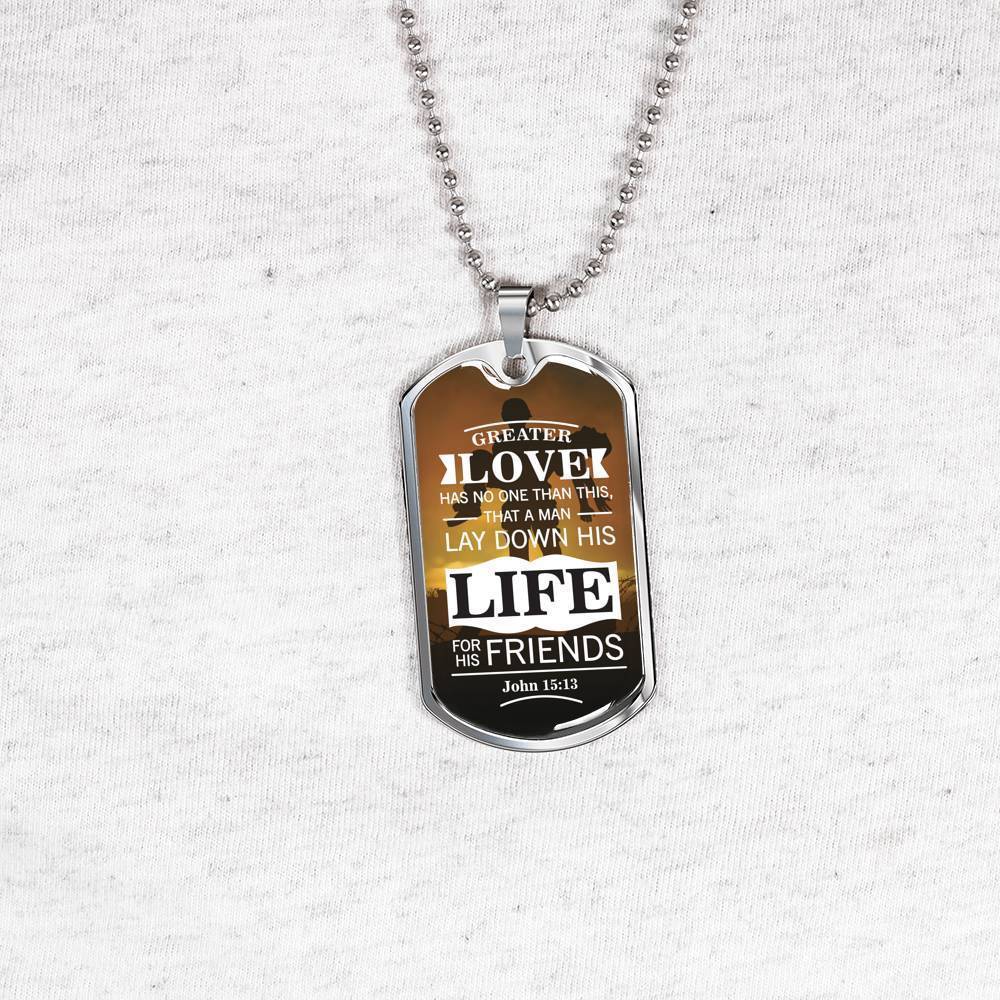No Greater John 15:13 Soldier Necklace Stainless Steel or 18k Gold Dog Tag 24"-Express Your Love Gifts