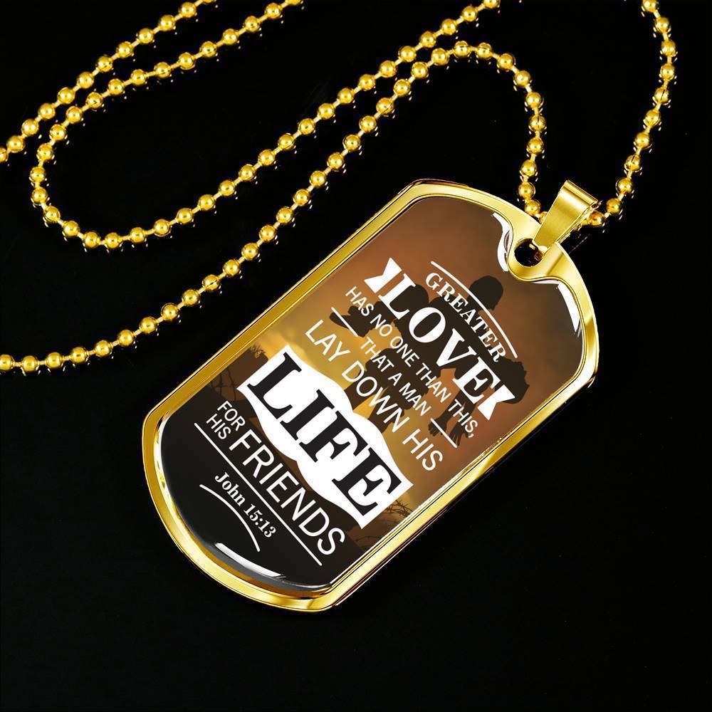 No Greater John 15:13 Soldier Necklace Stainless Steel or 18k Gold Dog Tag 24"-Express Your Love Gifts