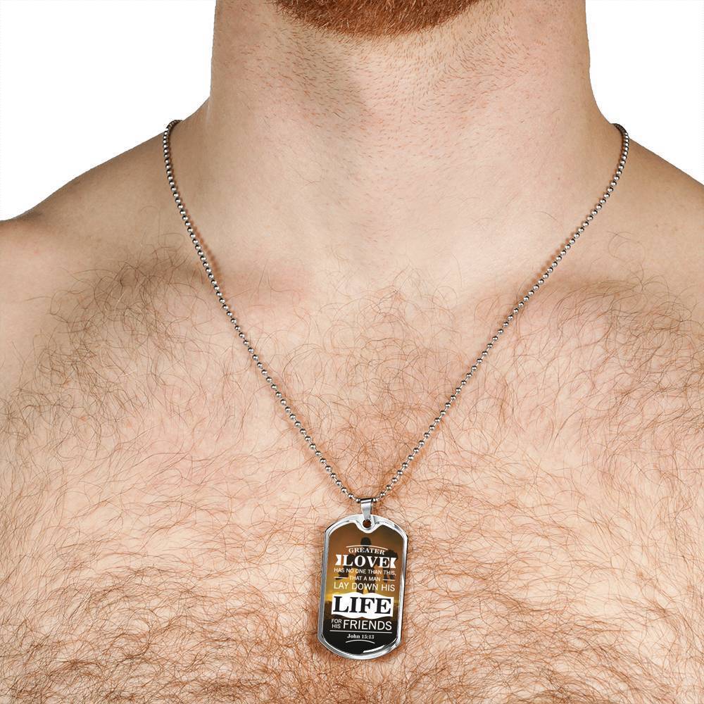 No Greater John 15:13 Soldier Necklace Stainless Steel or 18k Gold Dog Tag 24"-Express Your Love Gifts