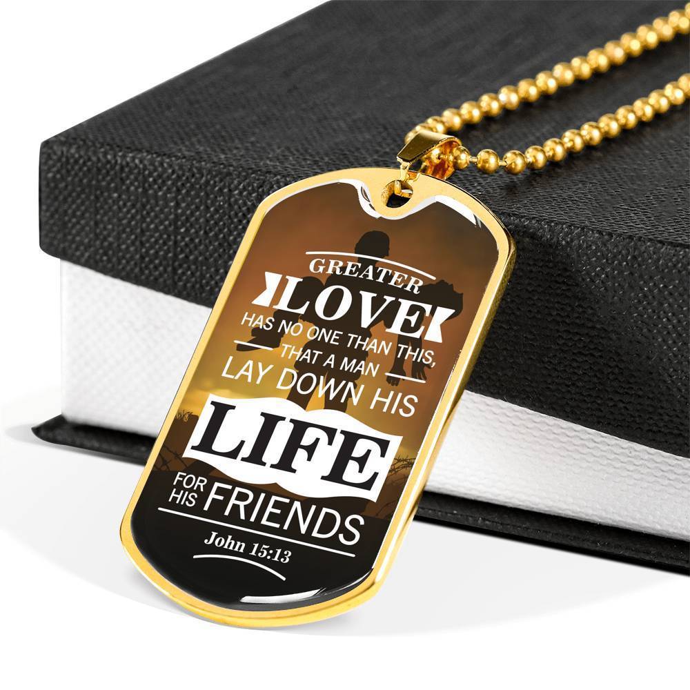 No Greater John 15:13 Soldier Necklace Stainless Steel or 18k Gold Dog Tag 24"-Express Your Love Gifts
