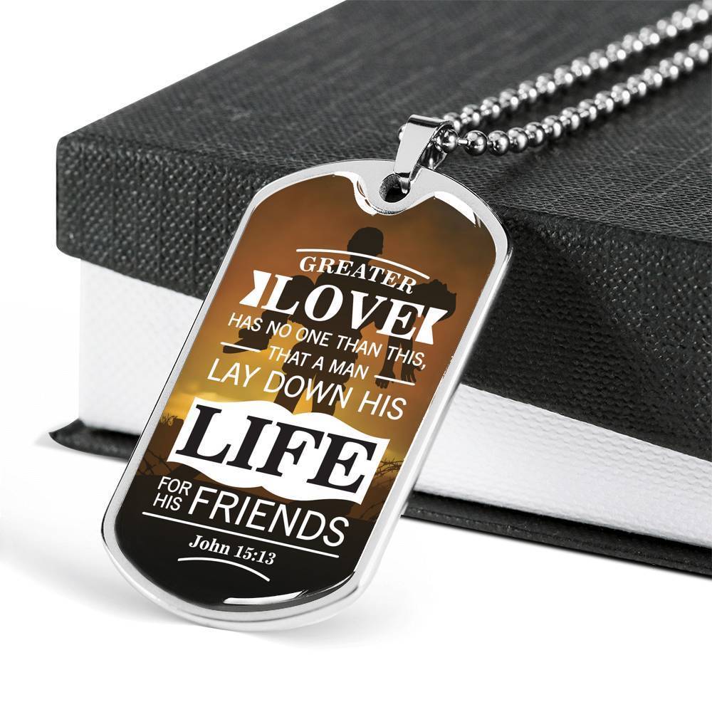 No Greater John 15:13 Soldier Necklace Stainless Steel or 18k Gold Dog Tag 24"-Express Your Love Gifts