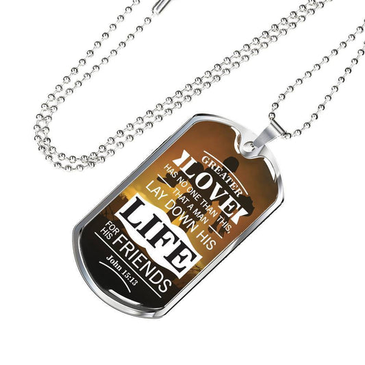 No Greater Love Bible Verse Soldier Necklace Stainless Steel or 18k Gold Dog Tag 24"