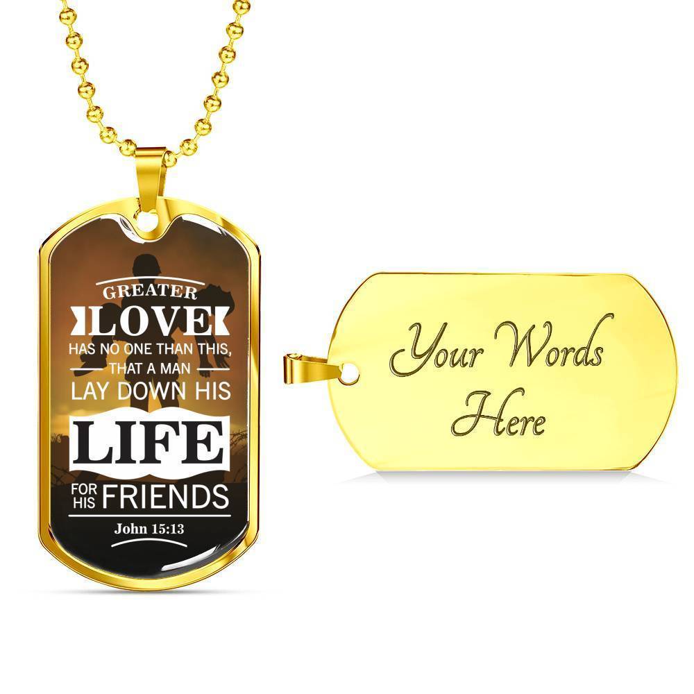 No Greater John 15:13 Soldier Necklace Stainless Steel or 18k Gold Dog Tag 24"-Express Your Love Gifts