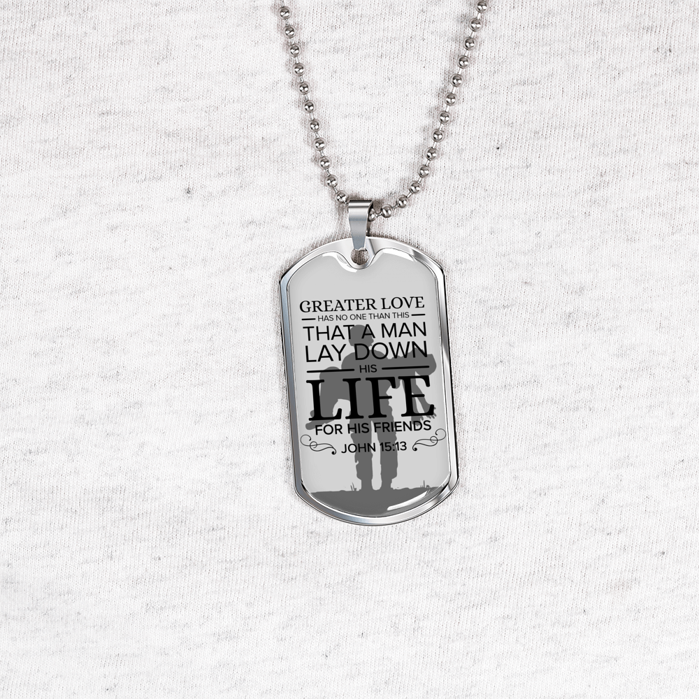 No Greater Love Soldier John 15:13 Verse Necklace Stainless Steel or 18k Gold Dog Tag 24"-Express Your Love Gifts