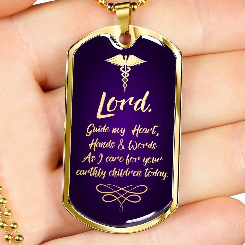 Nurses Prayer Christian Nurse Necklace Stainless Steel or 18k Gold Dog Tag W 24" - Express Your Love Gifts