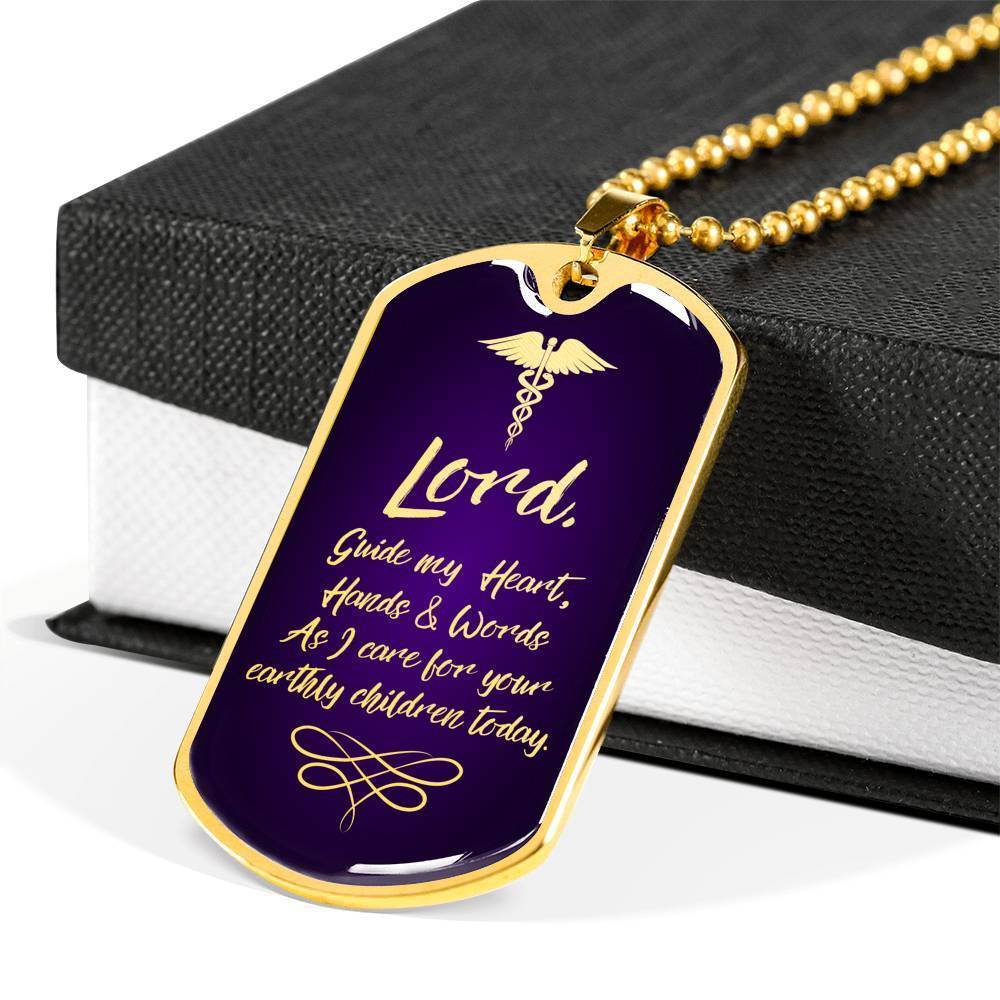 Nurses Prayer Christian Nurse Necklace Stainless Steel or 18k Gold Dog Tag W 24" - Express Your Love Gifts