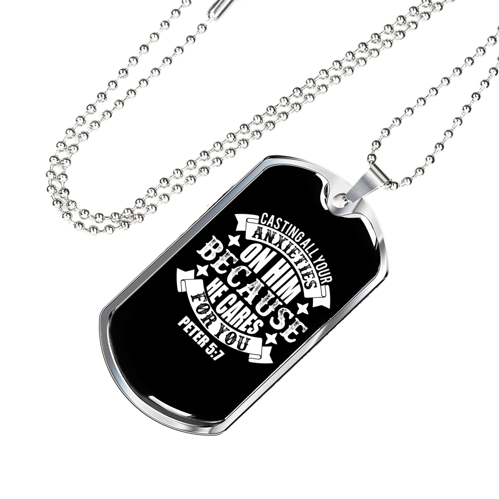 On Him Because He CAres Christian Necklace Stainless Steel or 18k Gold Dog Tag 24" Chain-Express Your Love Gifts