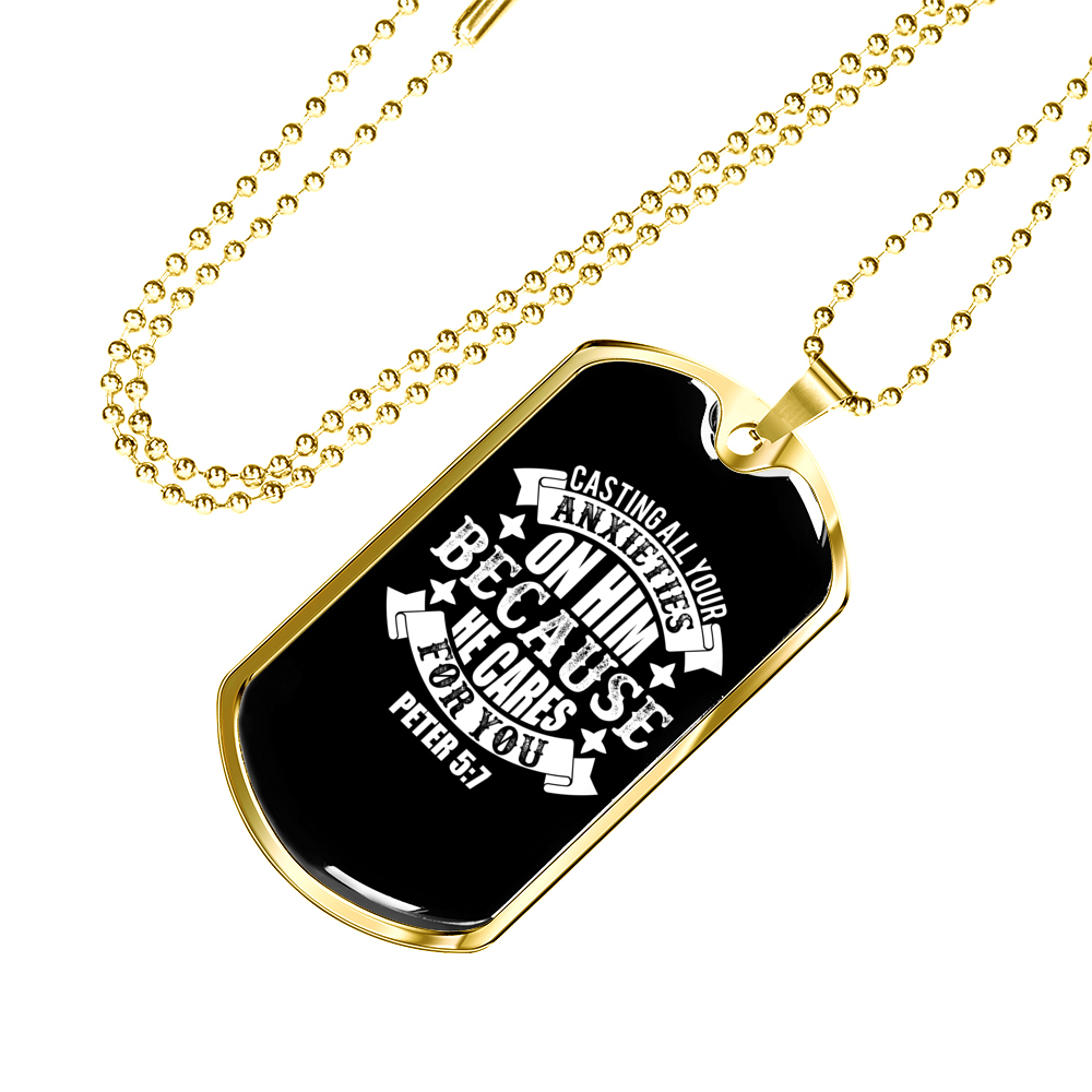 On Him Because He CAres Christian Necklace Stainless Steel or 18k Gold Dog Tag 24" Chain-Express Your Love Gifts