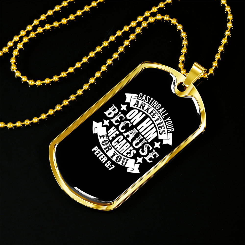 On Him Because He CAres Christian Necklace Stainless Steel or 18k Gold Dog Tag 24" Chain-Express Your Love Gifts