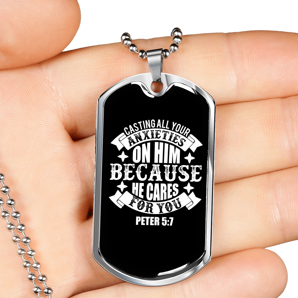 On Him Because He CAres Christian Necklace Stainless Steel or 18k Gold Dog Tag 24" Chain-Express Your Love Gifts