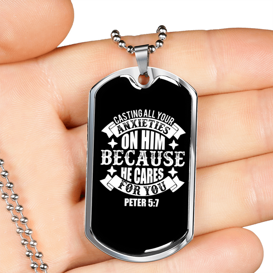 On Him Because He CAres Christian Necklace Stainless Steel or 18k Gold Dog Tag 24" Chain-Express Your Love Gifts