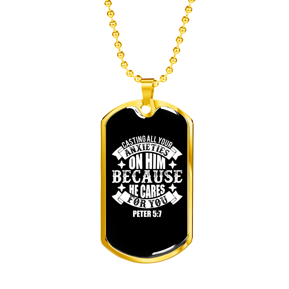 On Him Because He CAres Christian Necklace Stainless Steel or 18k Gold Dog Tag 24" Chain-Express Your Love Gifts