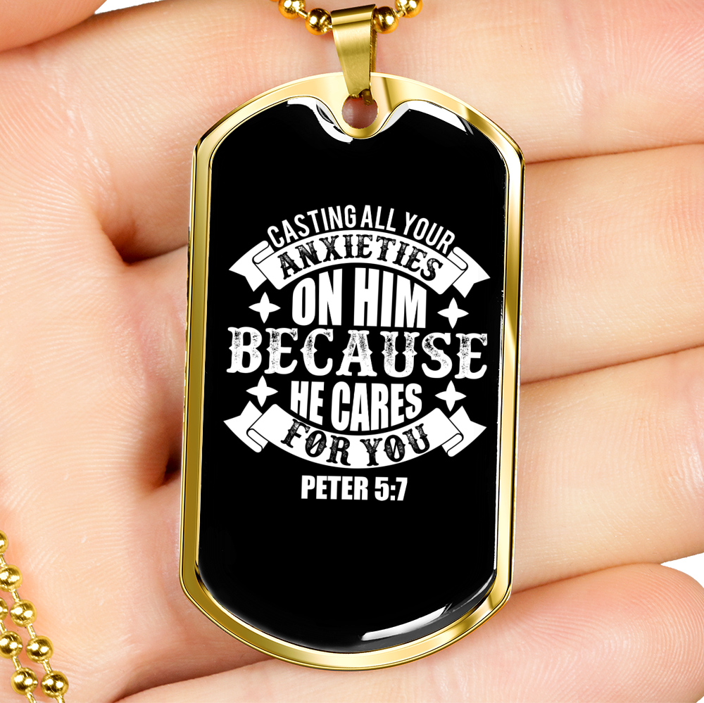 On Him Because He CAres Christian Necklace Stainless Steel or 18k Gold Dog Tag 24" Chain-Express Your Love Gifts