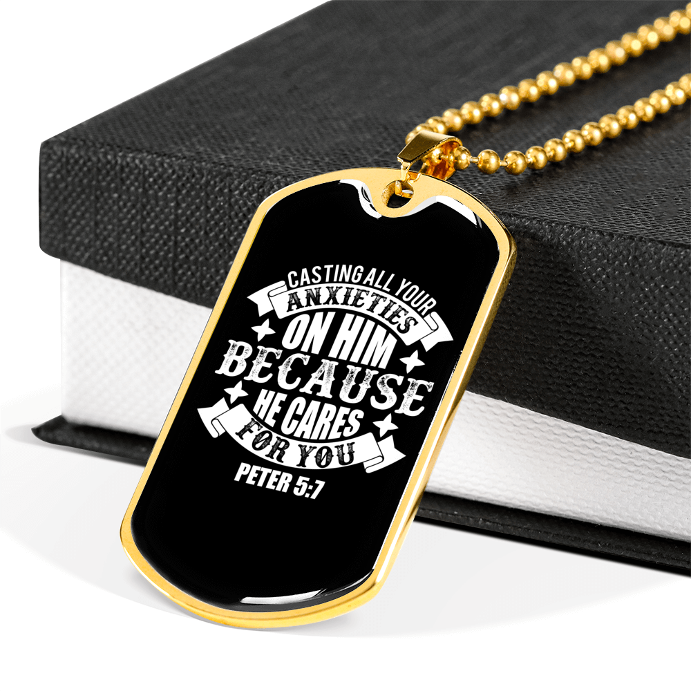 On Him Because He CAres Christian Necklace Stainless Steel or 18k Gold Dog Tag 24" Chain-Express Your Love Gifts