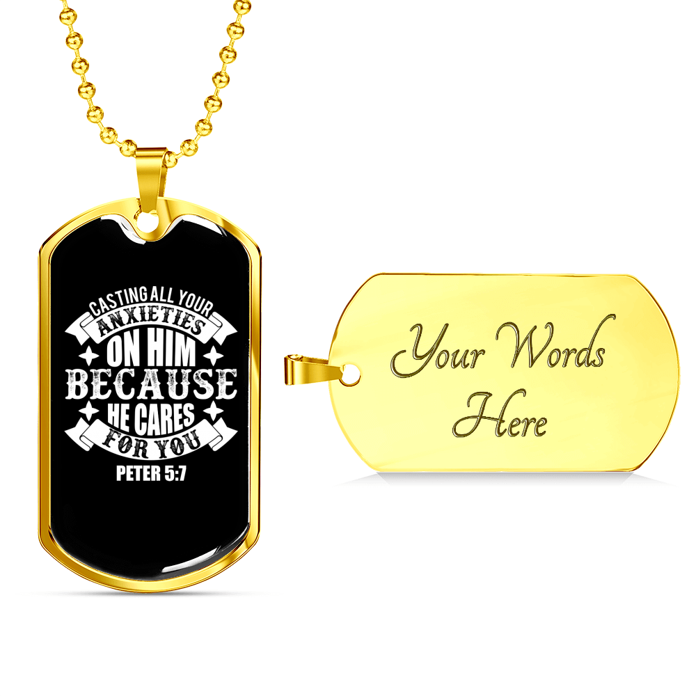 On Him Because He CAres Christian Necklace Stainless Steel or 18k Gold Dog Tag 24" Chain-Express Your Love Gifts
