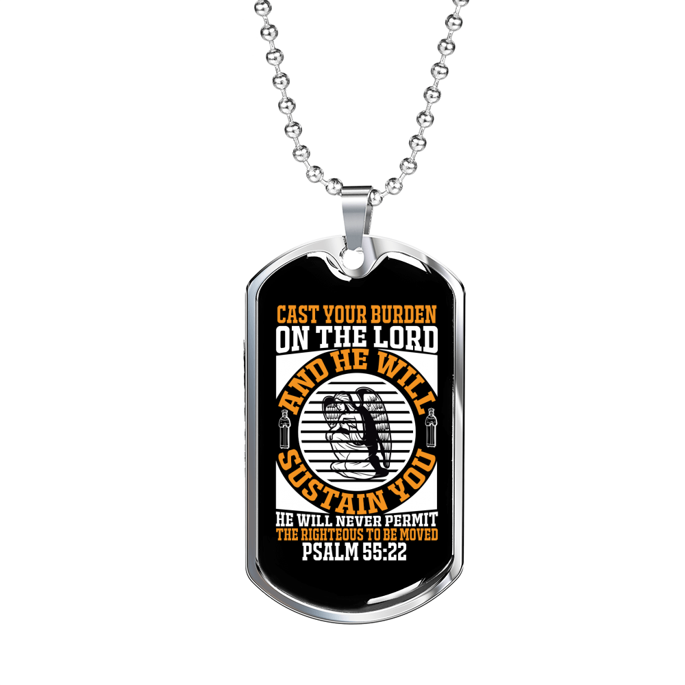 On The Lord Psalm 55:22 Necklace Stainless Steel or 18k Gold Dog Tag 24" Chain-Express Your Love Gifts