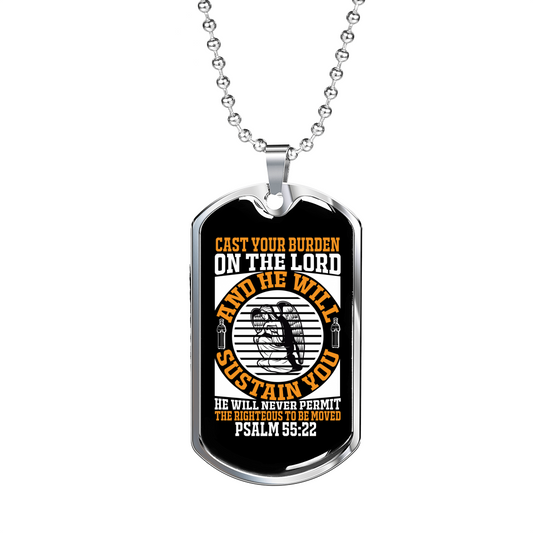 On The Lord Psalm 55:22 Necklace Stainless Steel or 18k Gold Dog Tag 24" Chain-Express Your Love Gifts