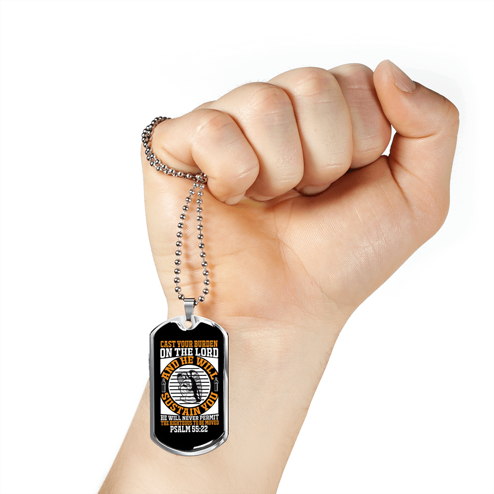 On The Lord Psalm 55:22 Necklace Stainless Steel or 18k Gold Dog Tag 24" Chain-Express Your Love Gifts