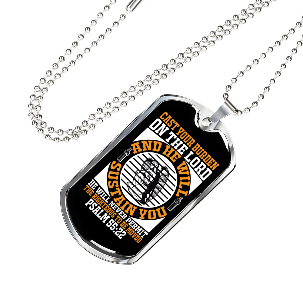 On The Lord Psalm 55:22 Necklace Stainless Steel or 18k Gold Dog Tag 24" Chain-Express Your Love Gifts
