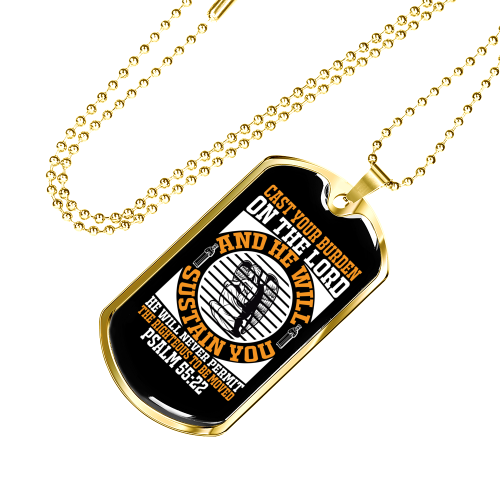 On The Lord Psalm 55:22 Necklace Stainless Steel or 18k Gold Dog Tag 24" Chain-Express Your Love Gifts