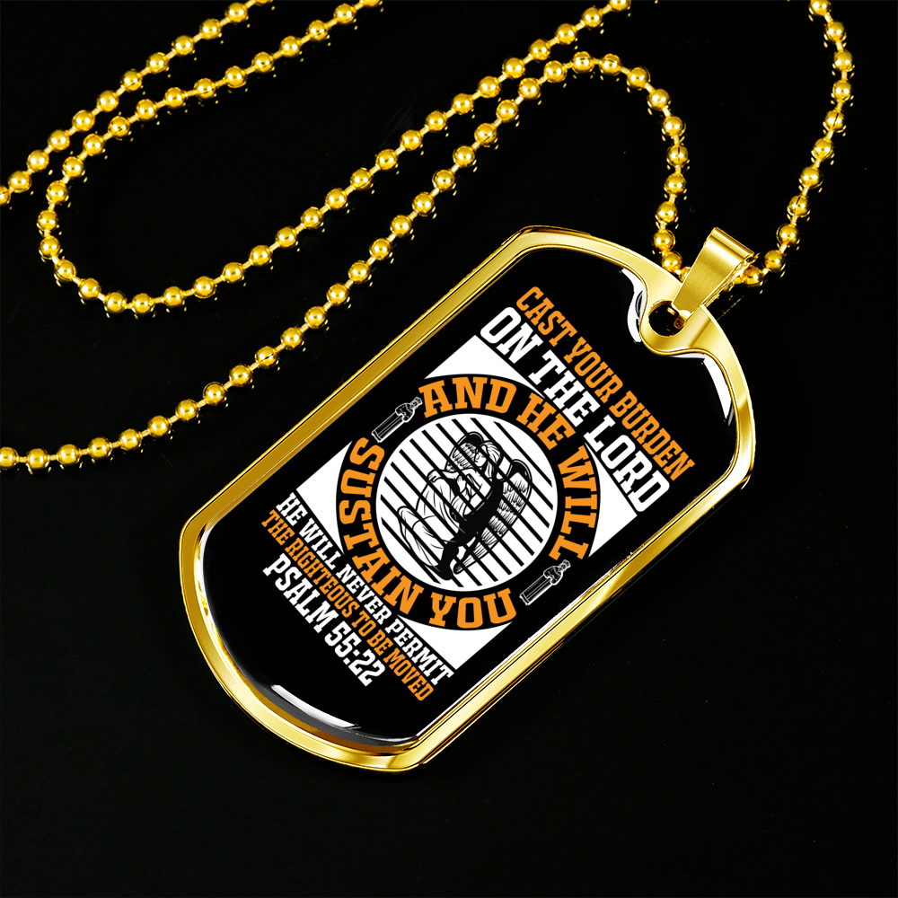 On The Lord Psalm 55:22 Necklace Stainless Steel or 18k Gold Dog Tag 24" Chain-Express Your Love Gifts