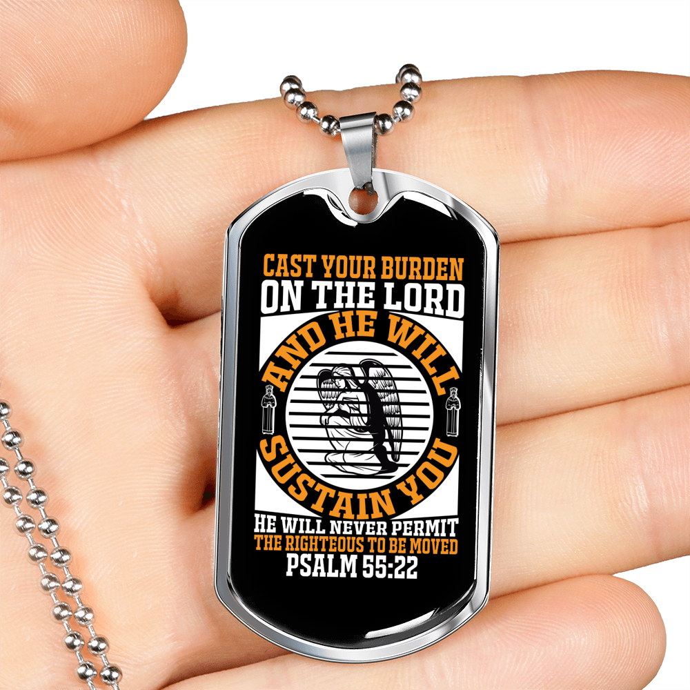 On The Lord Psalm 55:22 Necklace Stainless Steel or 18k Gold Dog Tag 24" Chain-Express Your Love Gifts