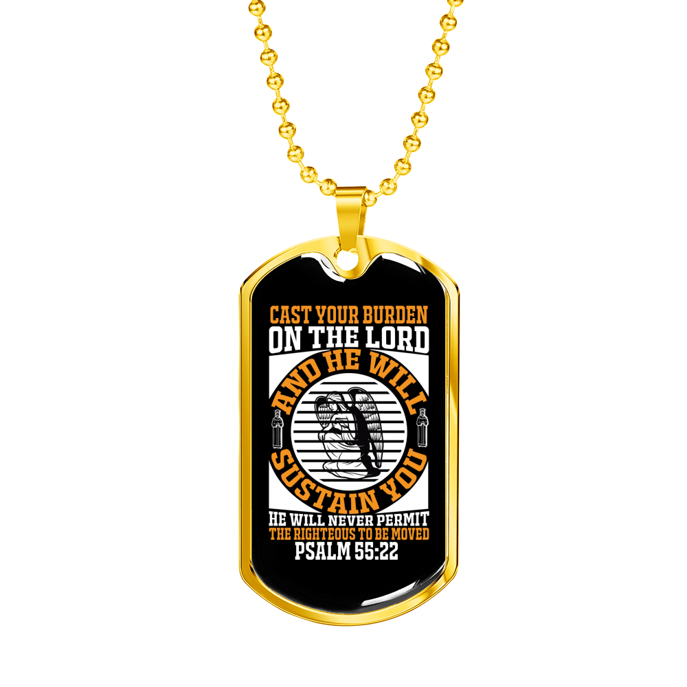 On The Lord Psalm 55:22 Necklace Stainless Steel or 18k Gold Dog Tag 24" Chain-Express Your Love Gifts