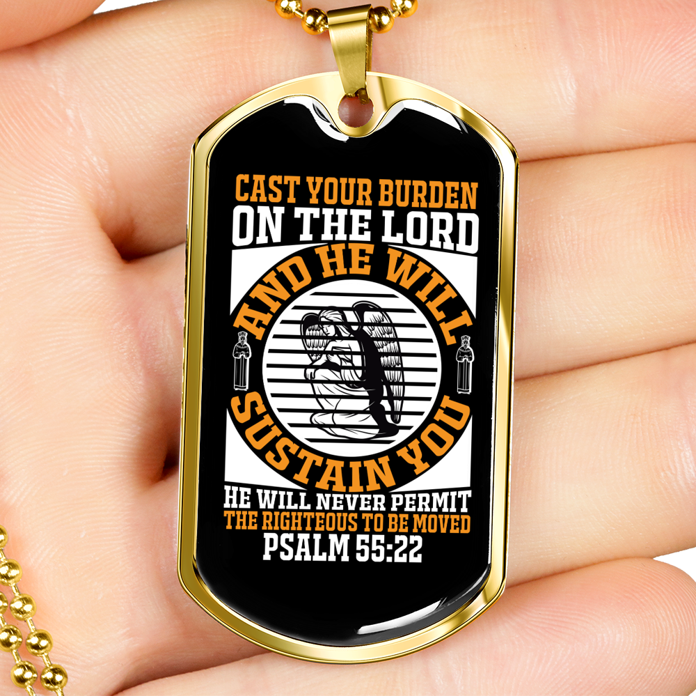 On The Lord Psalm 55:22 Necklace Stainless Steel or 18k Gold Dog Tag 24" Chain-Express Your Love Gifts