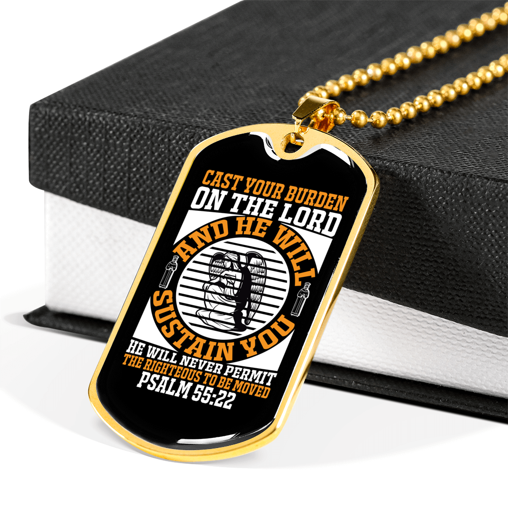 On The Lord Psalm 55:22 Necklace Stainless Steel or 18k Gold Dog Tag 24" Chain-Express Your Love Gifts