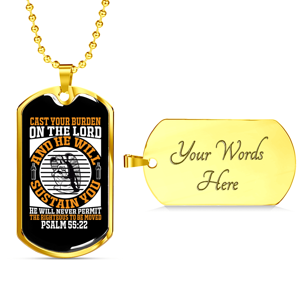 On The Lord Psalm 55:22 Necklace Stainless Steel or 18k Gold Dog Tag 24" Chain-Express Your Love Gifts