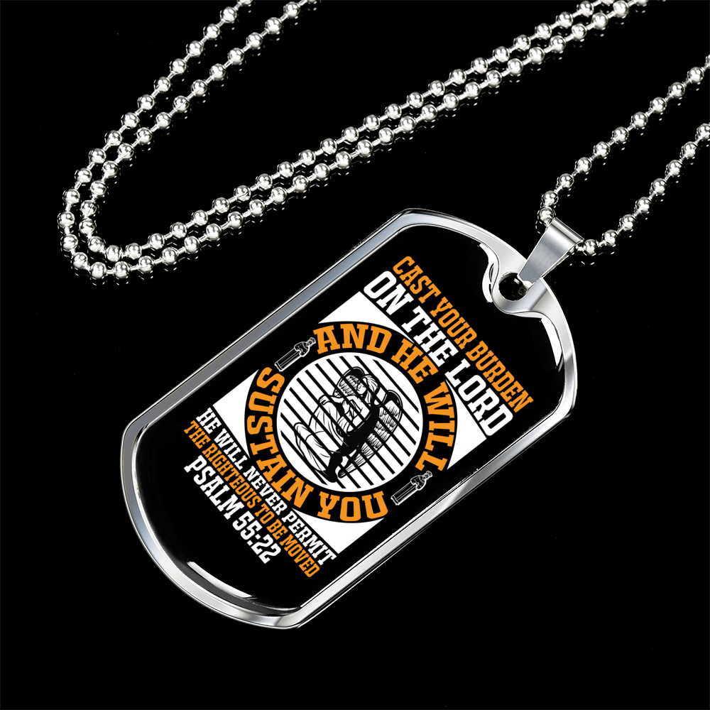 On The Lord Psalm 55:22 Necklace Stainless Steel or 18k Gold Dog Tag 24" Chain-Express Your Love Gifts