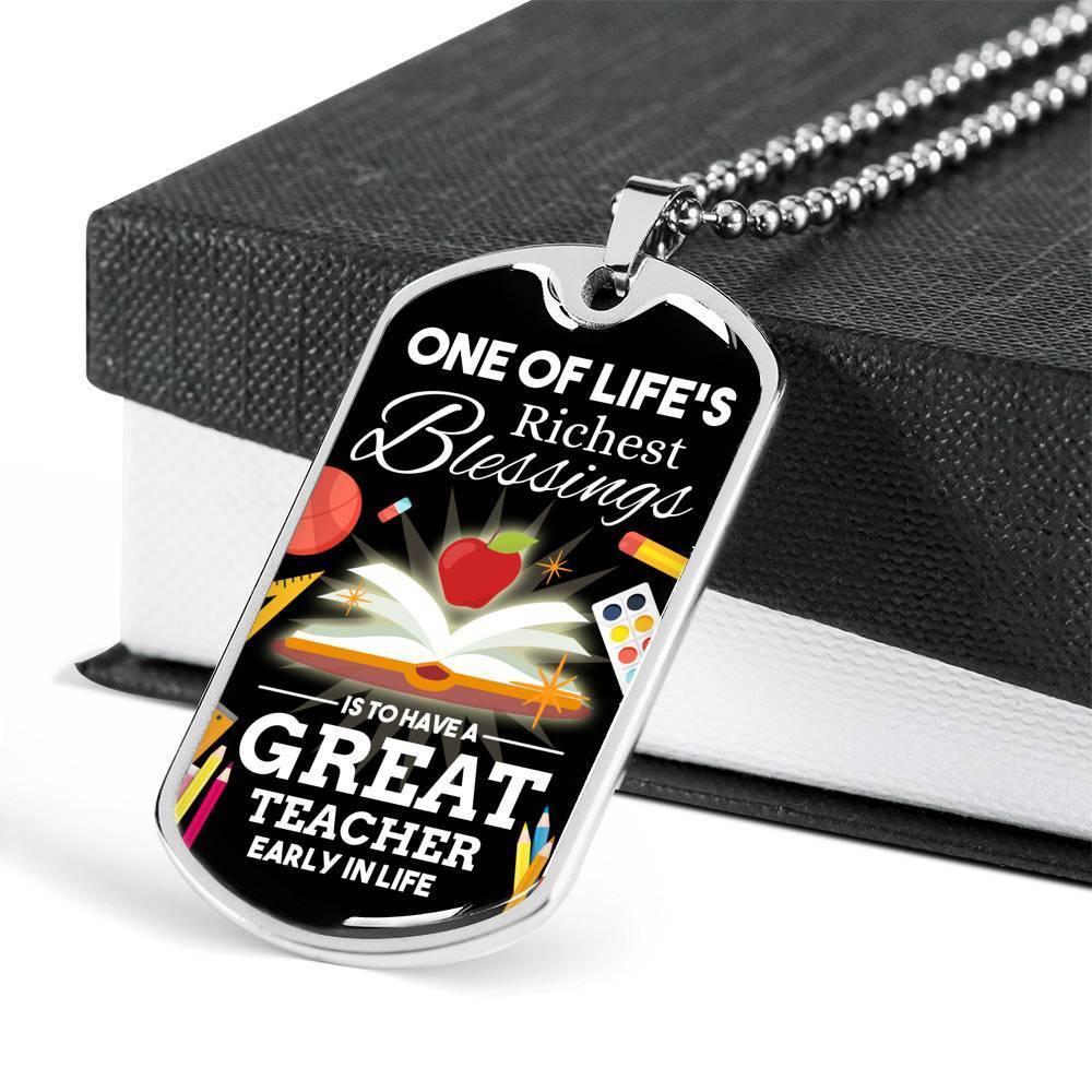 One Of Life'S Richest Blessing Teacher Appreciation Gift Necklace Stainless Steel or 18k Gold Dog Tag 24" Chain-Express Your Love Gifts