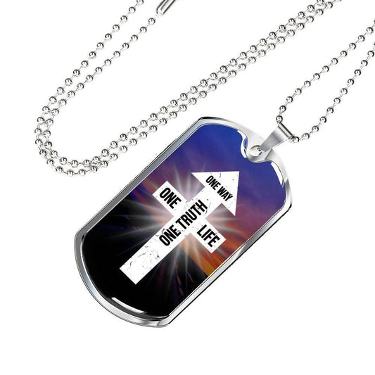 One Way One Truth And One Life Faith Gear Necklace Stainless Steel or 18k Gold Dog Tag w 24" Chain