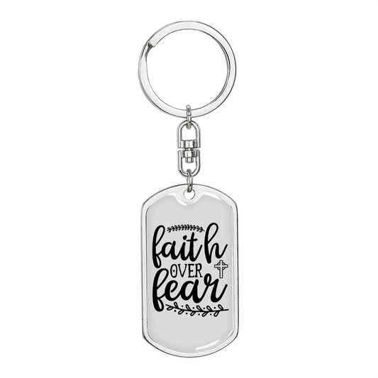 Over Fear Keychain Stainless Steel or 18k Gold Dog Tag Keyring-Express Your Love Gifts