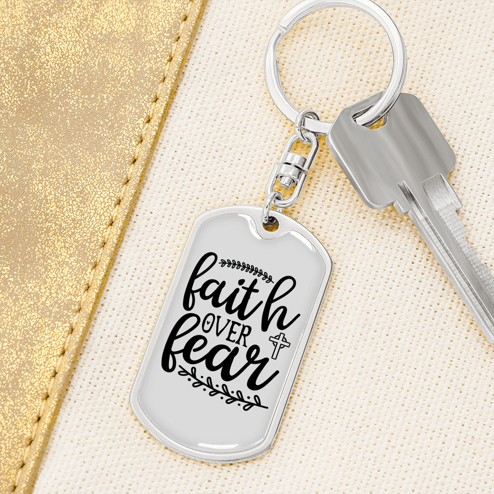 Over Fear Keychain Stainless Steel or 18k Gold Dog Tag Keyring-Express Your Love Gifts