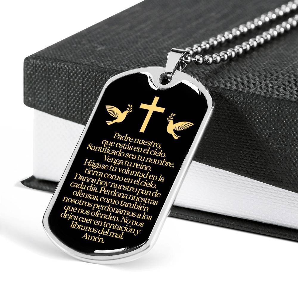 Padre Nuestro Lord's Prayer Necklace Stainless Steel or 18k Gold Dog Tag 24" Chain-Express Your Love Gifts