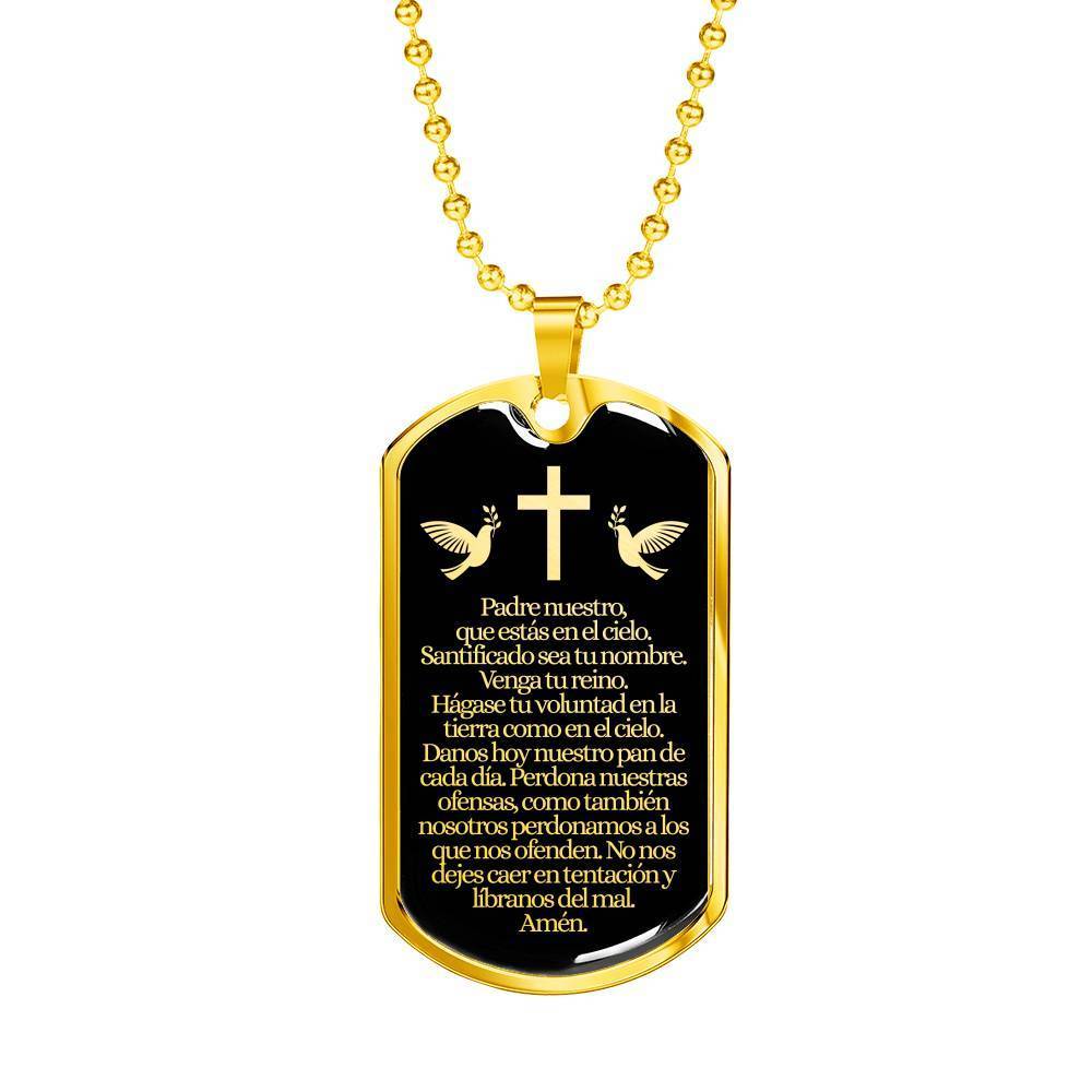 Padre Nuestro Our Father Spanish Stainless Steel 18k Gold Dog Tag 24" Chain