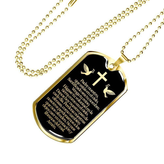 Padre Nuestro Our Father Spanish Stainless Steel 18k Gold Dog Tag 24" Chain-Express Your Love Gifts